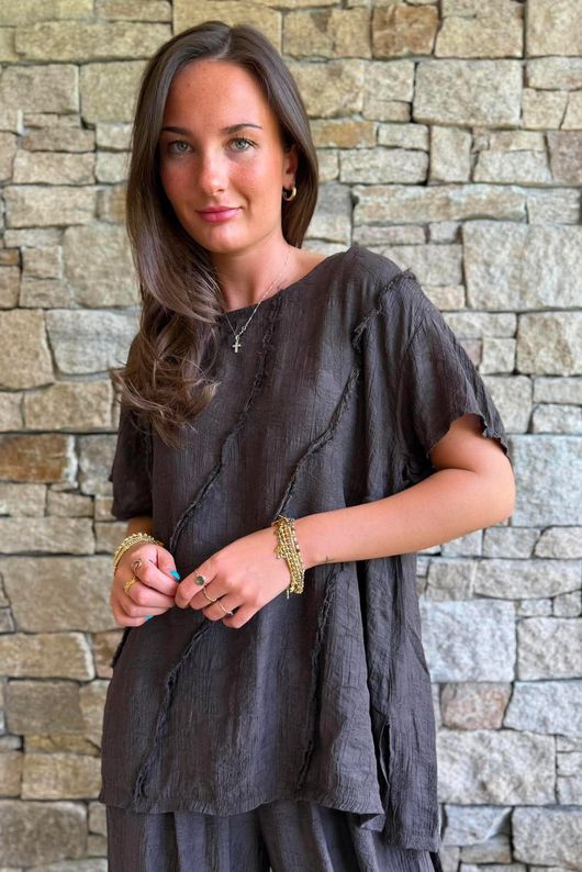 Lalli Damask Asymmetric Panel Top Chocolate